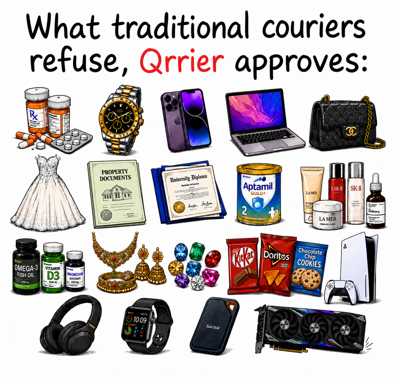 Examples of items people send through Qrrier